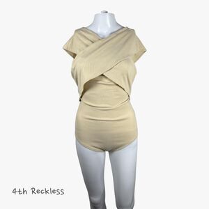 4th & Reckless Women's Off Shoulder Ribbed Wrap Bodysuit in Cream Size M